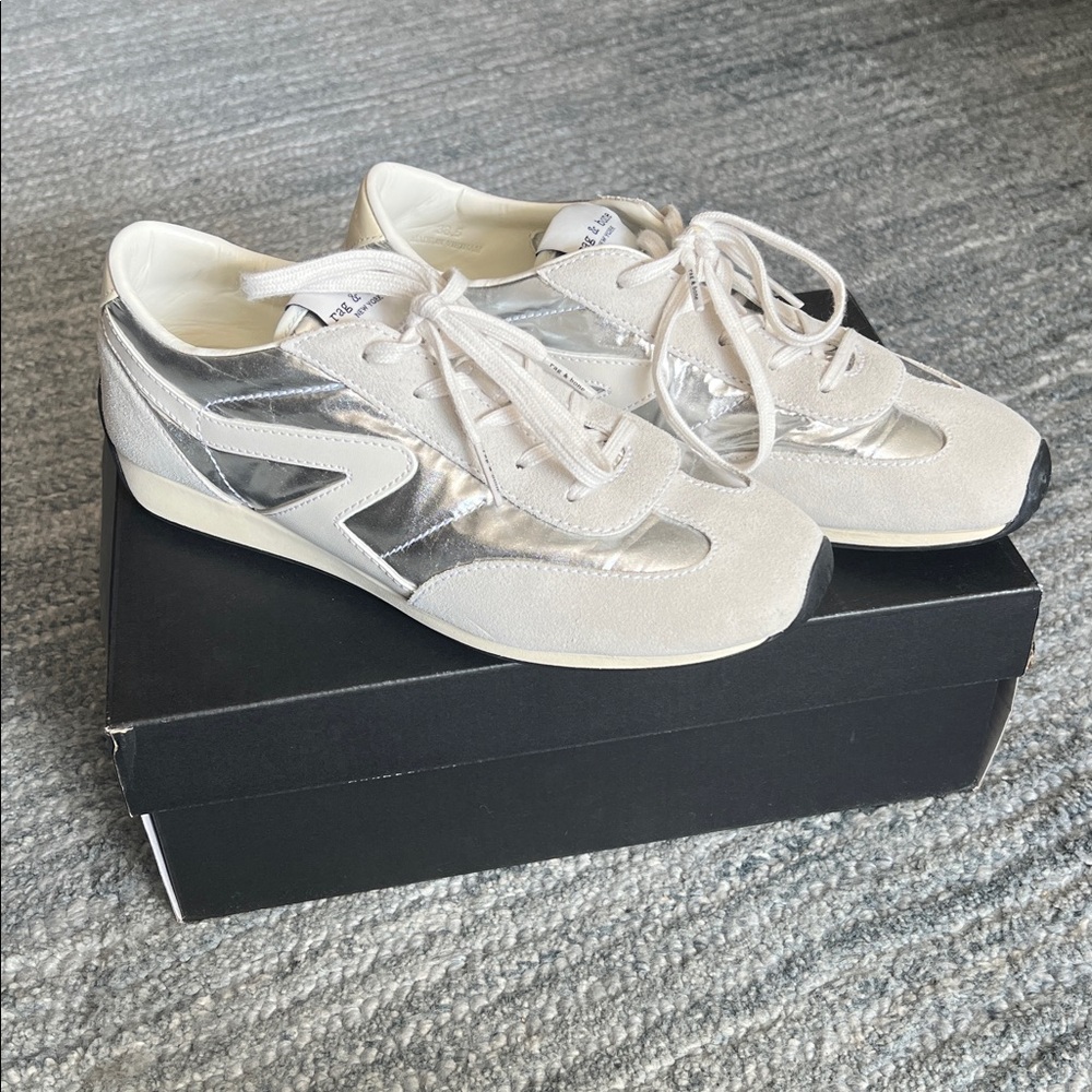 rag & bone Retro Runner Slim White and Silver Low-Top Sneakers US 8.5 - Picture 3 of 12